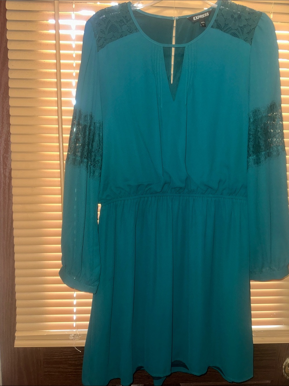 Express Teal Lace-Trim Long Sleeve Dress